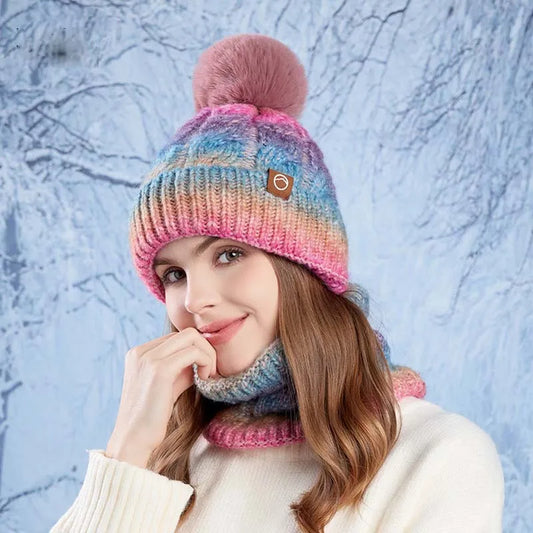 2pc/Set Winter Warm Ear Protecting Knitted Cap Scarf Fleece Thickened Gradient Color Knitted Woolen Cap Pom Ball Pullover Cap