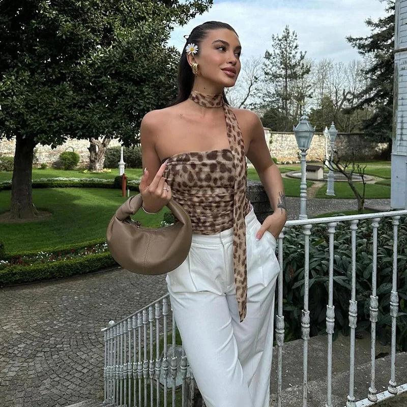 Femei Tulle Leopard Print Top cu Bandeau Off-the-Shoulder, decolteu drept, decolteu de vară, casual pentru bluză de vară
