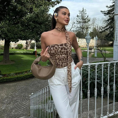 Femei Tulle Leopard Print Top cu Bandeau Off-the-Shoulder, decolteu drept, decolteu de vară, casual pentru bluză de vară