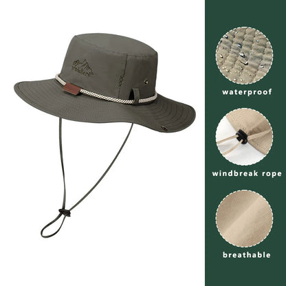 Men Bucket pălărie scrisoare de broderie etichetă din piele cowboy pălărie impermeabilă exterioară exterioară capac de pescuit ușor 8cm brim anti-uv pălărie de soare
