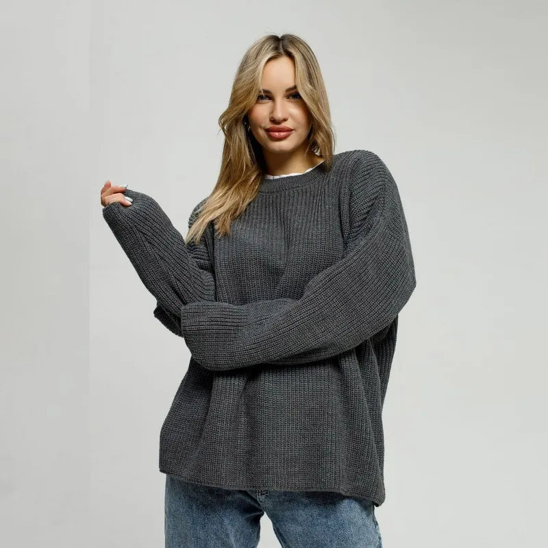 Grundlæggende sweatere til kvinder, der er overdimensioneret O -halsstrikede pullovers efterår vinter løs toppe kvinders jumper lyseblå trøjer store