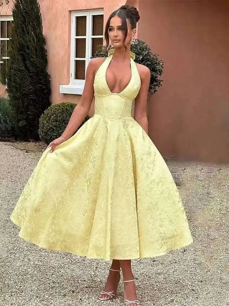 Townlike Jacquard Waist Wrap A-line Dress Women Mini 2024 Spring Summer Dress Elegant Bow Backless Sexy Party Dresses