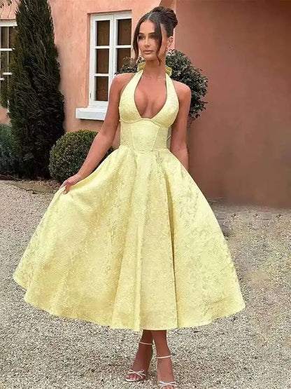 Townlike Jacquard Waist Wrap A-line Dress Women Mini 2024 Spring Summer Dress Elegant Bow Backless Sexy Party Dresses