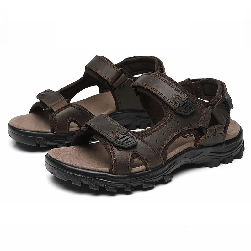 First-Layer Cowhide Men's Sports Sandals, Open-Toe Outdoor Non-Slip Sandals, Casual Men's Shoes, Outdoor Fashion Beach Shoes, Light and Comfortable, Can Be Worn by Men and Women, Suitable for Outdoor Hiking, Travel, Wo