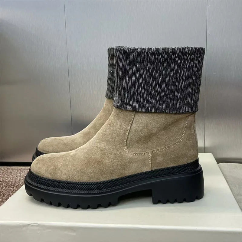 Luxury Quality Short Boots Woman Round Toe Flat Shoes For Women Cow Suede Ankle Boots String Bead Motorcycle Boots Women