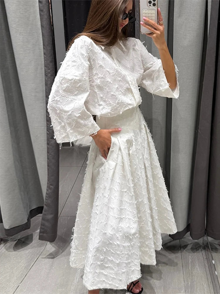 Elegant skjorta kjol set kvinnor lapel långärmad lös t-shirt hög midja veckade långa kjolar kostymer 2025 sommargata lady set