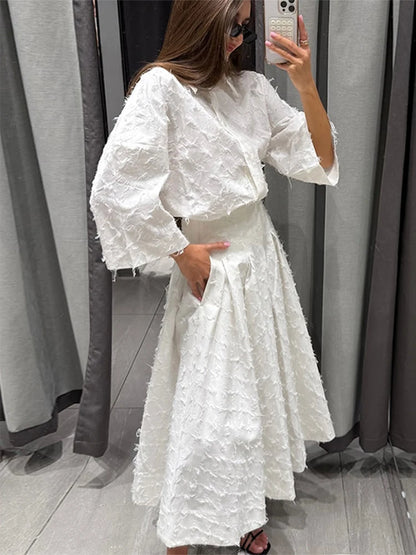 Elegant skjorta kjol set kvinnor lapel långärmad lös t-shirt hög midja veckade långa kjolar kostymer 2025 sommargata lady set