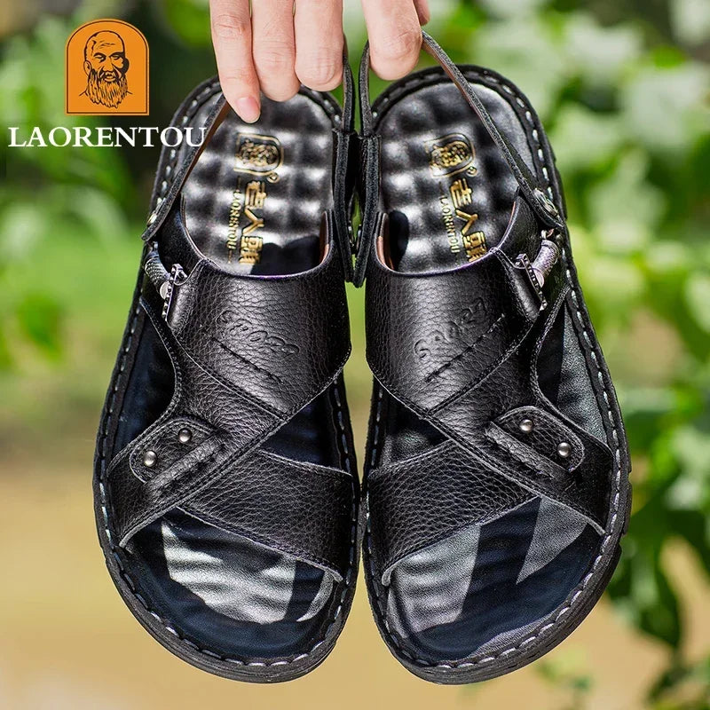 Laorentou lederen mannelijke sandalen casual strandschoenen dragen niet-slip sandalen en sliers koehide