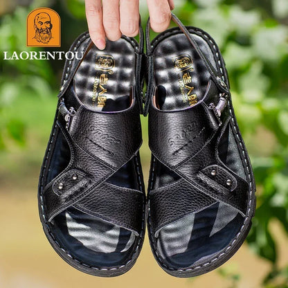 Laorentou lederen mannelijke sandalen casual strandschoenen dragen niet-slip sandalen en sliers koehide