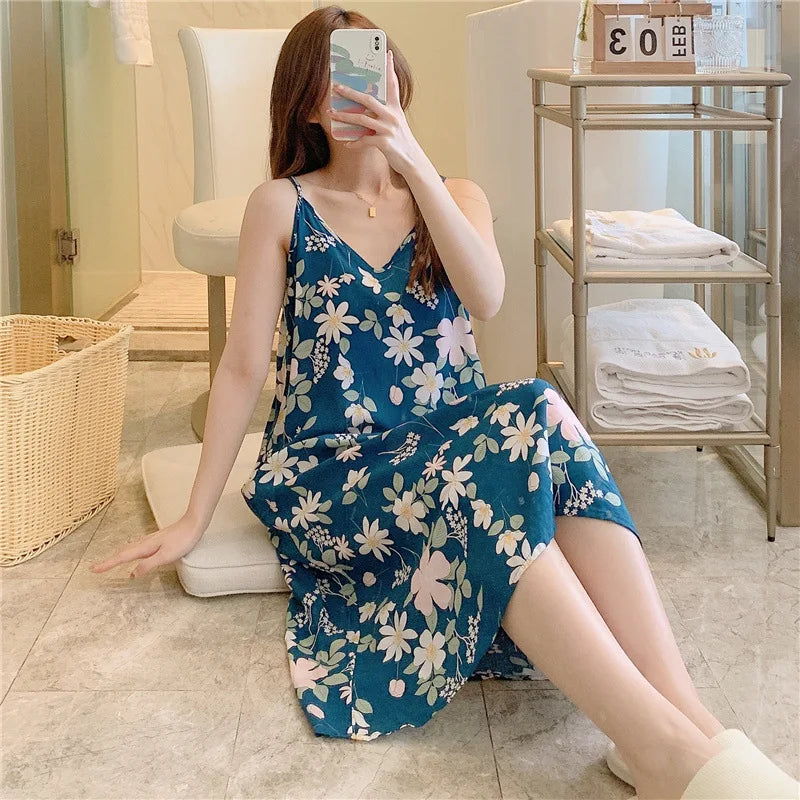 Abito da notte in cotone sottile sciolto da donna stampa stampa abbigliamento da sonno letto permanente per abito da notte carino indossare abiti da casa