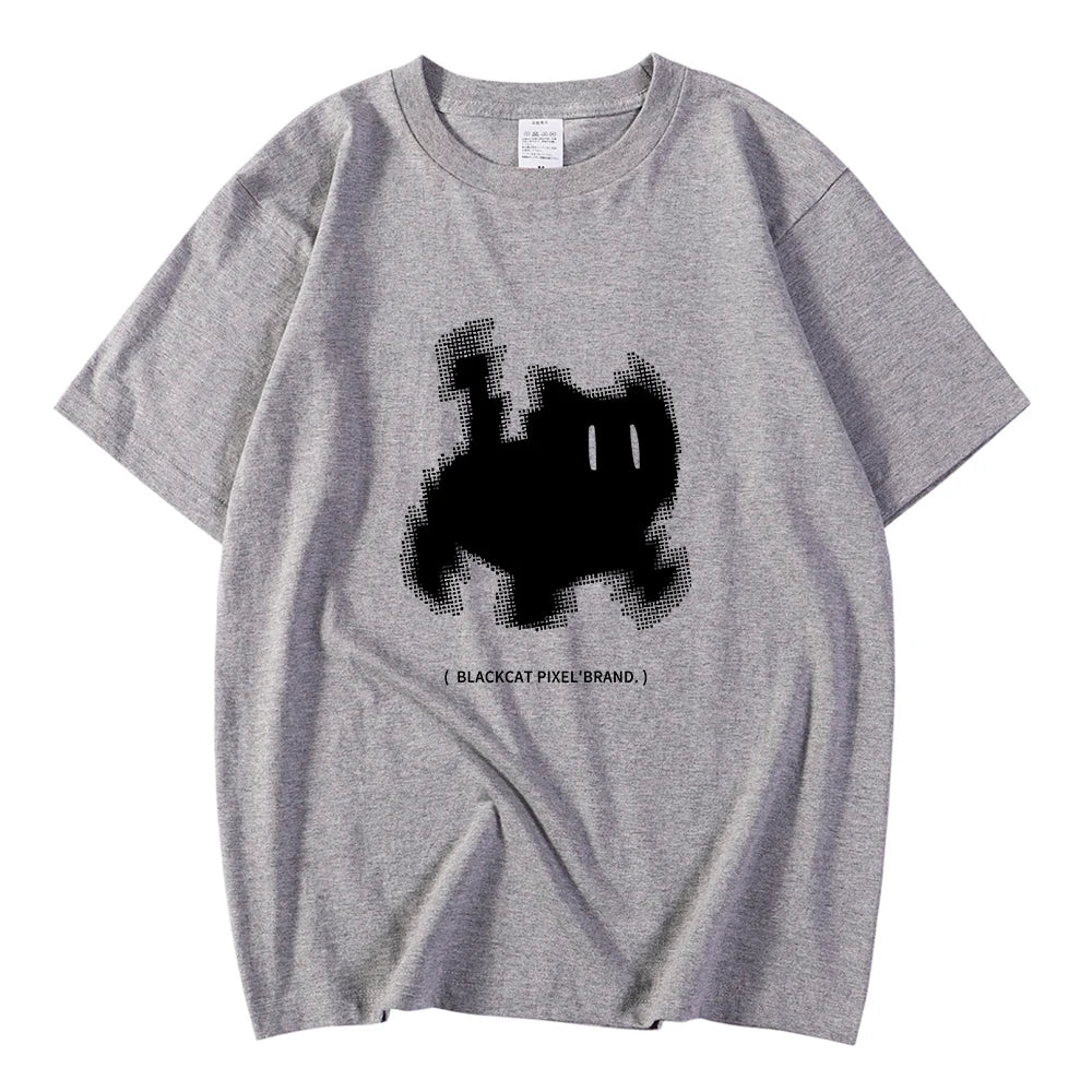 Koreanska mode kvinnors t-shirts svart katt pixel tecknade tryck toppar bekväma mjuka o-hals lösa korta ärm kvinnliga kläder