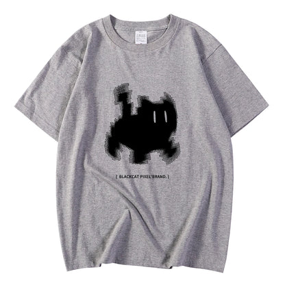 Koreanska mode kvinnors t-shirts svart katt pixel tecknade tryck toppar bekväma mjuka o-hals lösa korta ärm kvinnliga kläder