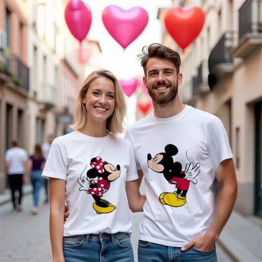2025 New Disney Mickey and Minnie Printed Cotton T-shirt for Couples, Round Neck Loose Top Valentine's Day Fashion Daily T-shirt