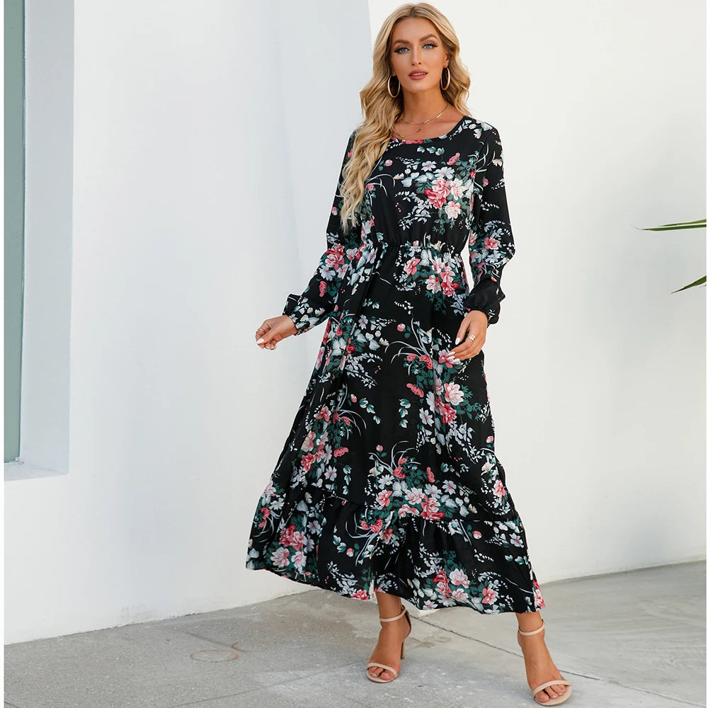 2023 Sping Summer Women Boemian Women maxi Casual cu mânecă lungă cu talie înaltă plajă de plajă rochii de șifon vestdoe florale mujer nou