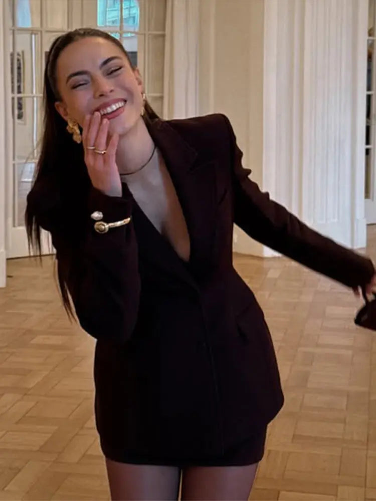 Mini-saia elegante de Blazer Coat Desenta Mulheres Marrom ombro marrom