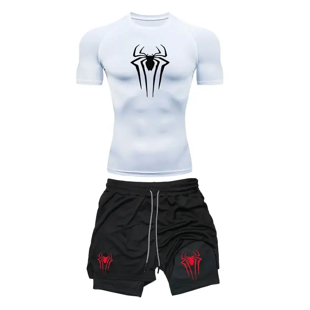 Herrträningskomprimering set y2k spindel tryckt gym tshirts andningsbara löpning shorts snabb torr sport utslag skydd sportkläder set