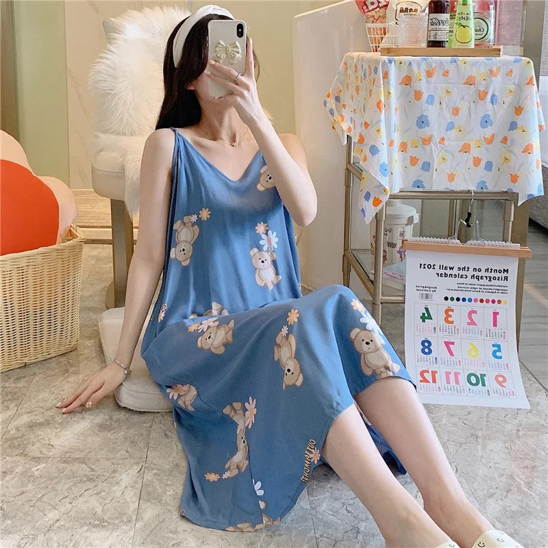Abito da notte in cotone sottile sciolto da donna stampa stampa abbigliamento da sonno letto permanente per abito da notte carino indossare abiti da casa