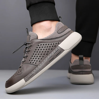 Summer Men's Hollow Breathable Leather Boots Outdoor Flat Bottomed Comfortable Sports Shoes Fashionable and Casual Oxford Shoes