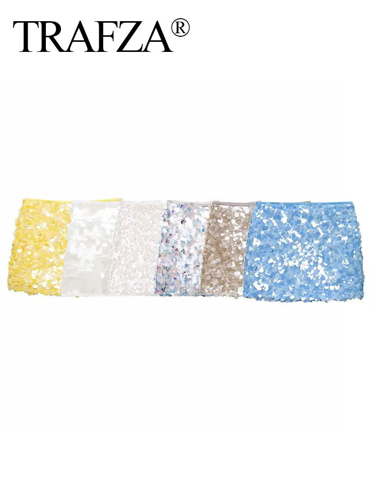 Trafza Sexy Woman Sequins Falda de cintura alta versátil Mini faldas delgadas Zipper 2025 Summer Beach Style Skirt Y2K