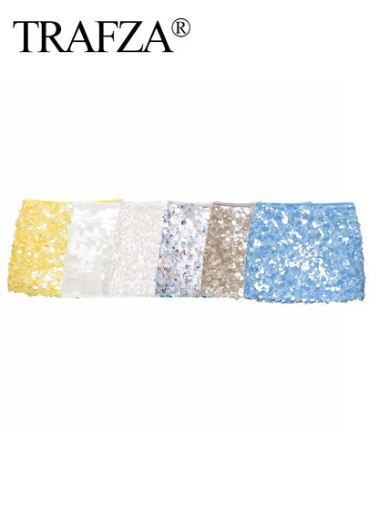 Trafza Sexy Woman Sequins Falda de cintura alta versátil Mini faldas delgadas Zipper 2025 Summer Beach Style Skirt Y2K