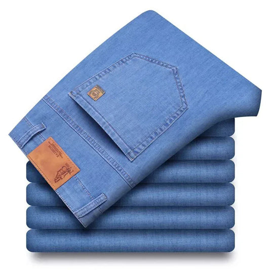 Men's Summer Pants  Business Jeans Men Light Blue Casual Straight Stretch Fashion Classic Work Denim Trousers Brand Clothing