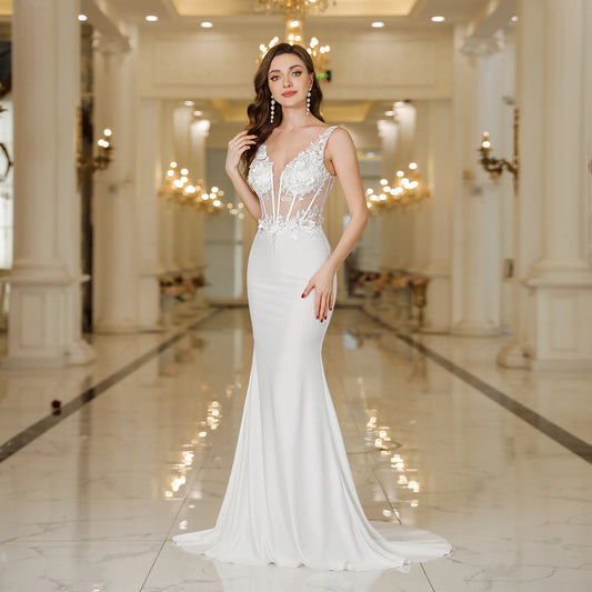 Misshow Elegante Gurte weiße Meerjungfrau Brautkleider Spitzenperlen Rückenless V Hals ärmellose formale Partykleider Vestido Marriee