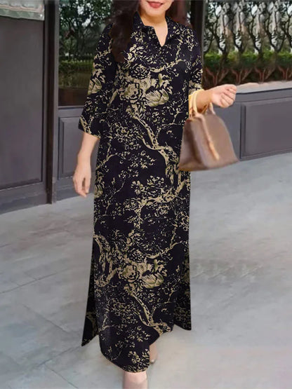 Zanzea Kvinder 3/4 ærme Lange kjoler Fall 2024 Fashion Lapel Neck Cotton Shirtdress Vintage Floral Print Maxi Shirt Dress Ny i
