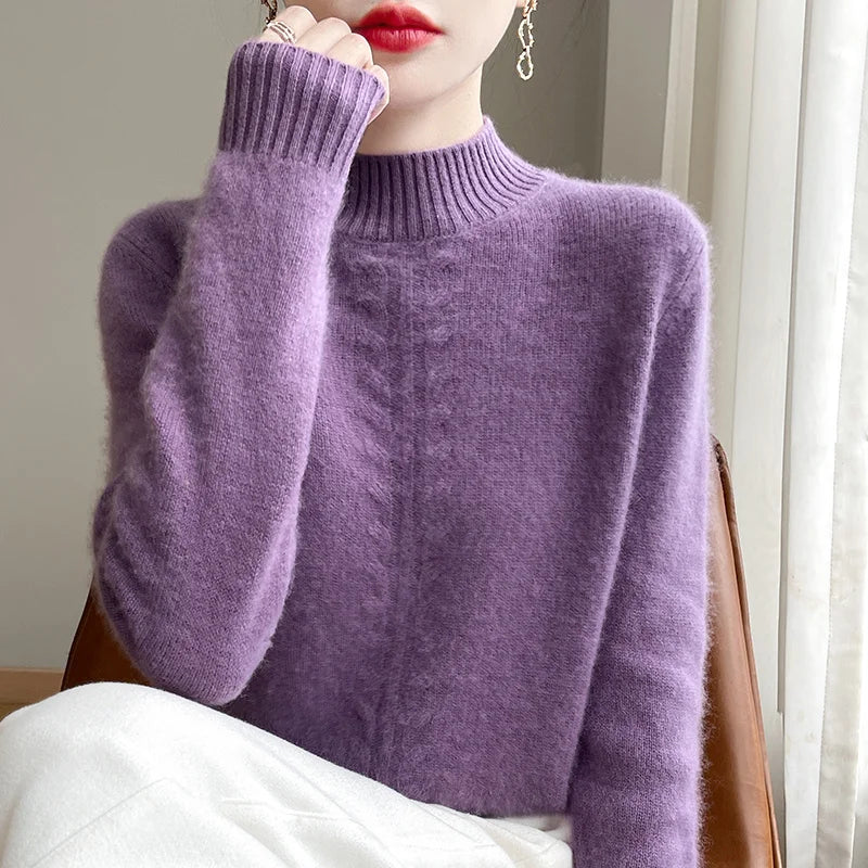 2025 Hemp Pattern Half Turtleneck Women's Woolen Sweater Autumn and Winter Warm 100% Wool Sweater Pure Color Comfort Pullover