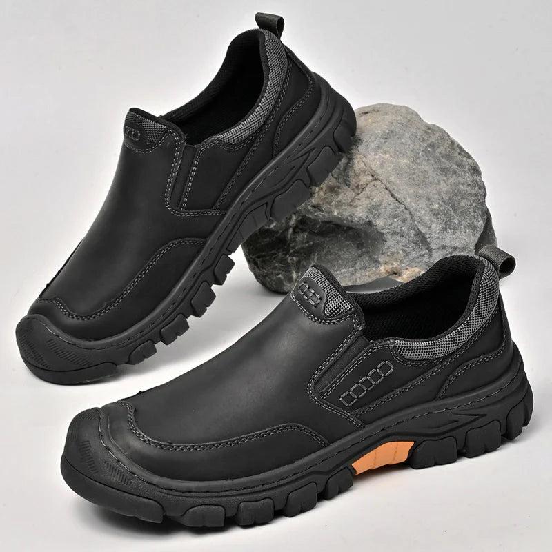 Genuine Leather Mens Slip on Shoes Hand Stitched Male Hiking Footwear Leisure Outdoor Treking Shoes New Antiskid Travel Trainers