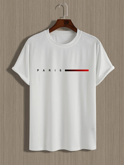Men's 100% Cotton Summer Loose Paris Creative Letter Impresión Casual Slim Fit Red Lim Camiseta Camiseta de manga corta Top