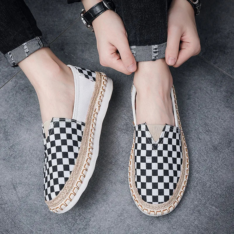 Mænd lærred afslappet sko til mand forår sommer mode rutede flade fiskersko Nye design slip-on loafers