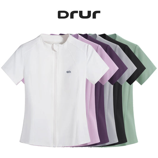 DRUR Gym T Shirt Sportswear Women Short Sleeve Quick Dry Breathable Zipper Sports Top Fitness Shirts Jogger Tops For Activewear