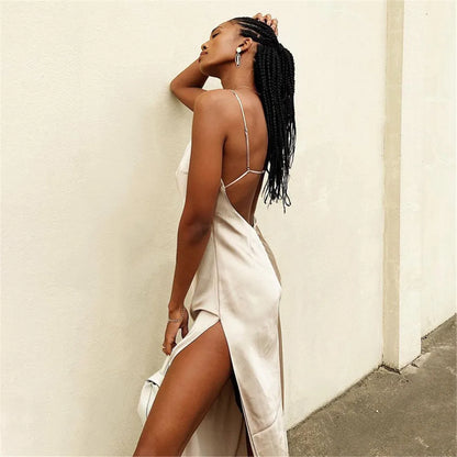 Women Summer Satin Silky Spaghetti Strap Split Long Dress Elegant Sleeveless Backless Club Party Beach Sexy Dresses Vestito