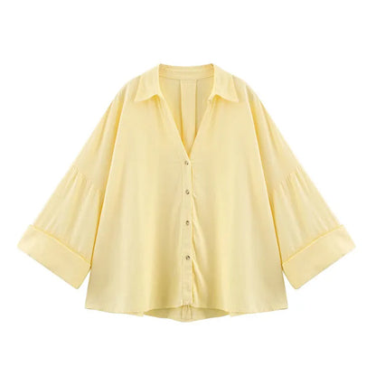 HipSeam Wide Sleeved Shirt Women Spring Asymmetric Hem Button Women's Shirts Simple Lady Johnny Collar Linen Shirts & Blouses