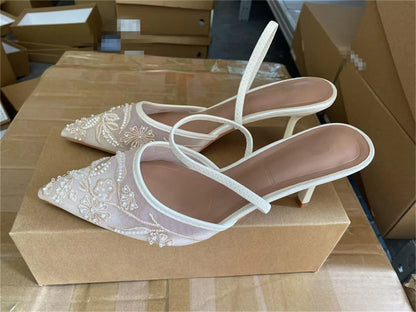 Damen Mesh Floral bestickter Slingback High Heels weibliche offene Ferse Perlen besetzt spitze Zehensandalen sexy Stiletto Lady Mules
