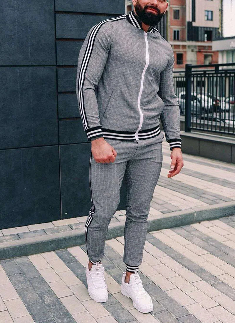 2025 Herbst Herum Männer Tracksuit 2pc Set Plaid Zipper Sweatshirt Jacke Langes Hosen Freigelegte Fitnessstudio Running Jogging Outfit Fleece Sportswear