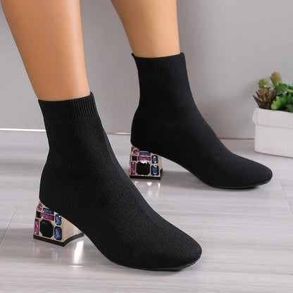 Women Hot Sale High Heels Short Boots 2023 Winter Designer Square Toe Mesh Breathable Stretch Sock Boots Slip on Platform Shoes