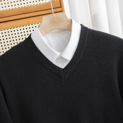 Men 100% Merino Wool Sweater V-Neck Pullover Autumn Winter Cashmere Warm Solid Knitwear Clothes Business Bottoming Soft Tops