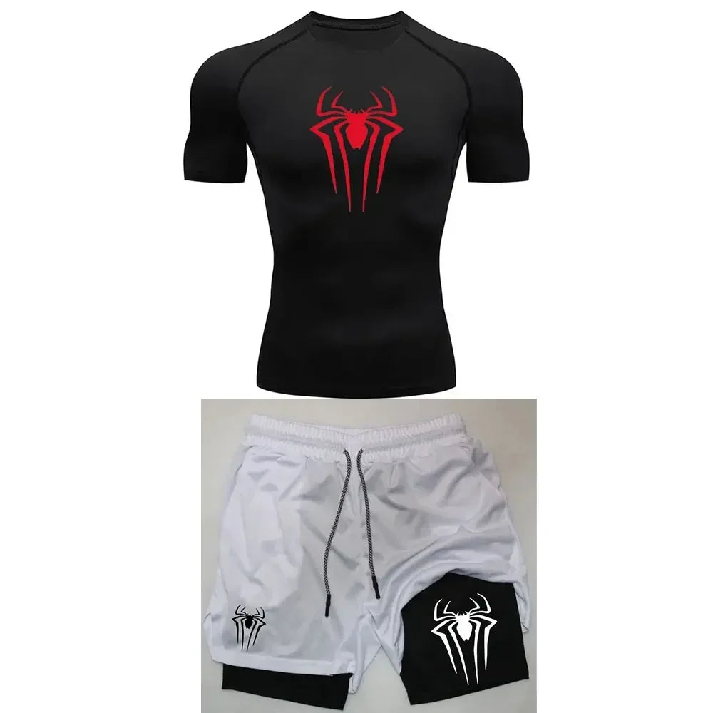 Herrträningskomprimering set y2k spindel tryckt gym tshirts andningsbara löpning shorts snabb torr sport utslag skydd sportkläder set