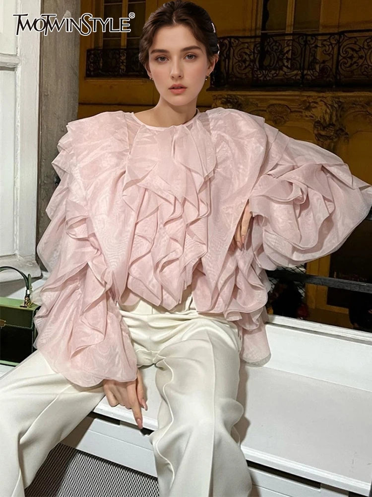Twotwinstyle elegante patchwork arcesce delle camicette di chiffon donna o collo lanterna a manica lunga camicia sciolta