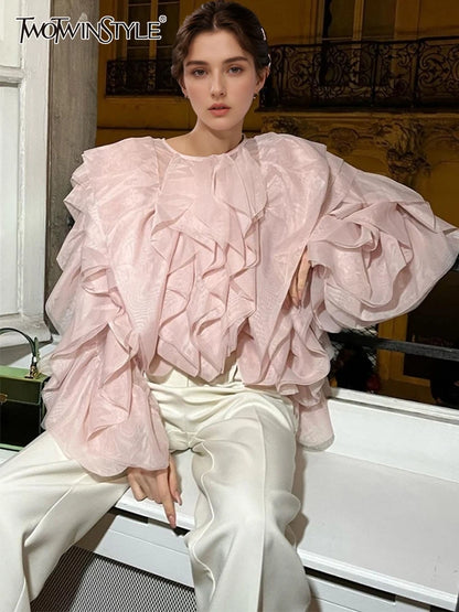 Twotwinstyle elegante patchwork arcesce delle camicette di chiffon donna o collo lanterna a manica lunga camicia sciolta
