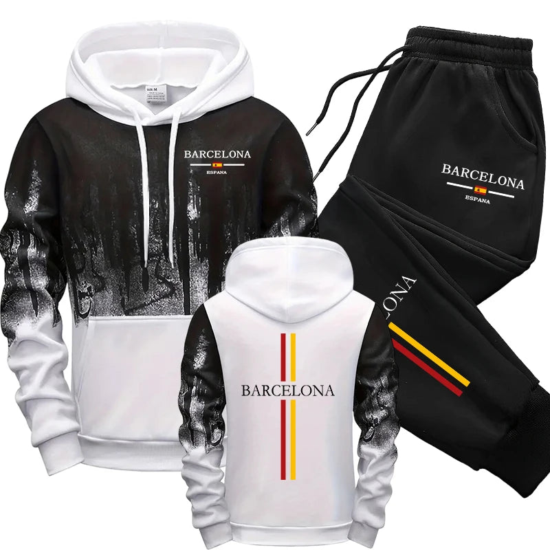 2025 Hot Sale Men's Tracksuit Hooded Sweatshirt Sweatpants Barcelona Print Hoodie 2 Piece Set Autumn Home Outdoor Comfort Outfit