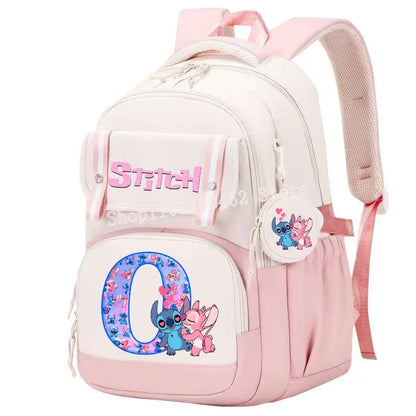 Stitch Angel Backpack Girls Disney Anime Letter A-Z Schoolbags Student School Shoulders Bag Outdoor Sport Travel Rucksack Gift