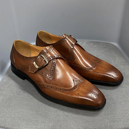 Men's Luxury Genuine Leather Wingtip Oxfords Italian Monk Strap Buckle Brogue Dress Shoes for Business Wedding Formal Wear