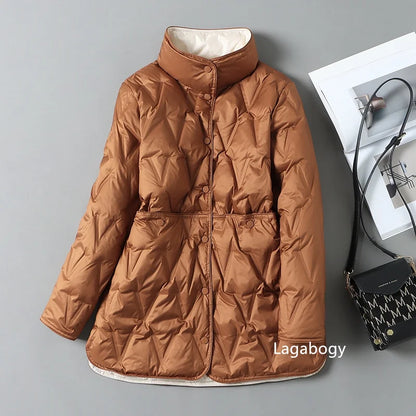 Lagabogy 2025 New Autumn Winter Women Ultralight White Duck Down Long Jacket Female Single-Breasted Double Sided Puffer Coat