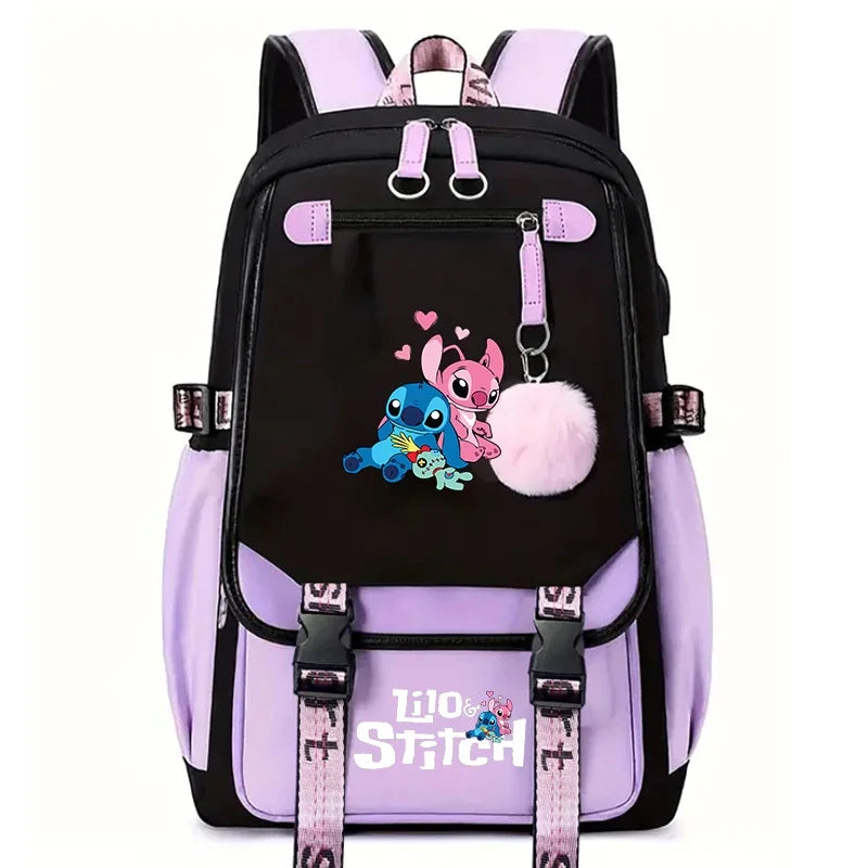 Stitch Large Capacity Backpack, Student Travel Commute Schoolbag, Simple Casual Knapsack with Headphone Jack And Charging Port