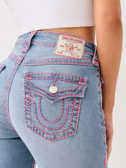 Sexig retro Buddha broderad låg stigning jeans kvinnor skinny jeans fashionabla flare jean casual tvättade byxor svettkläder denim byxa