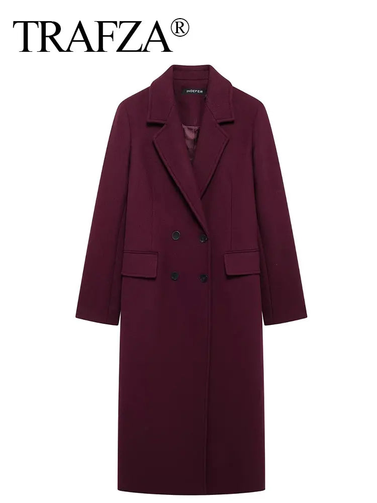 Trafza Women Fashion Burgundy Wełniany płaszcz podwójnie piersi Long Mieszanie Lapel Kurtka Jumn Winter High Street Onymiza