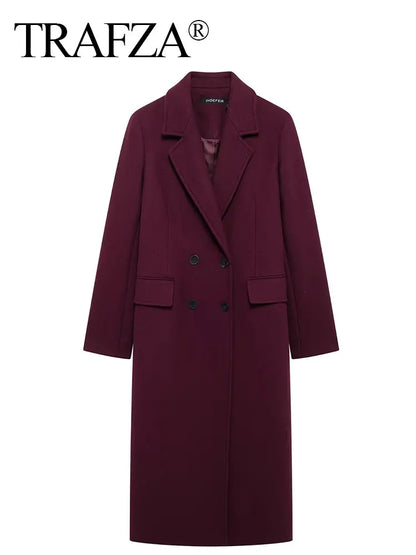 Trafza Women Fashion Burgundy Wełniany płaszcz podwójnie piersi Long Mieszanie Lapel Kurtka Jumn Winter High Street Onymiza