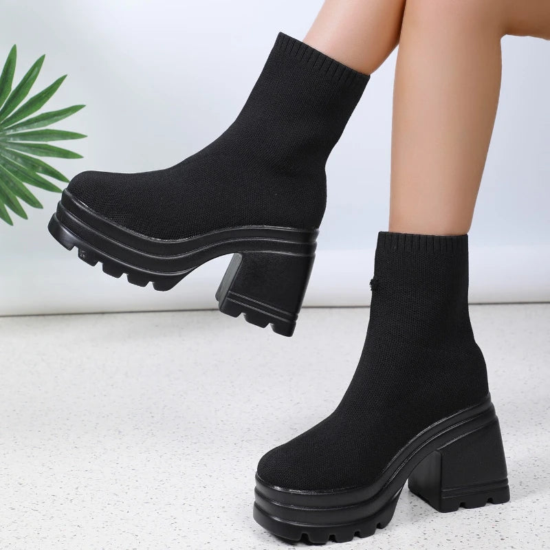 Stivali da donna Stivali Piattaforma di moda Scarpe Block Teli Stivali da donna Stivali Solidi Stivali Sexy in pelle Stivali quadrati Botas